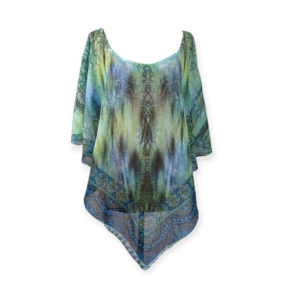 One World 0X Blues & Greens Abstract Boho Scarf Poncho Top Blouse flow - Picture 1 of 8